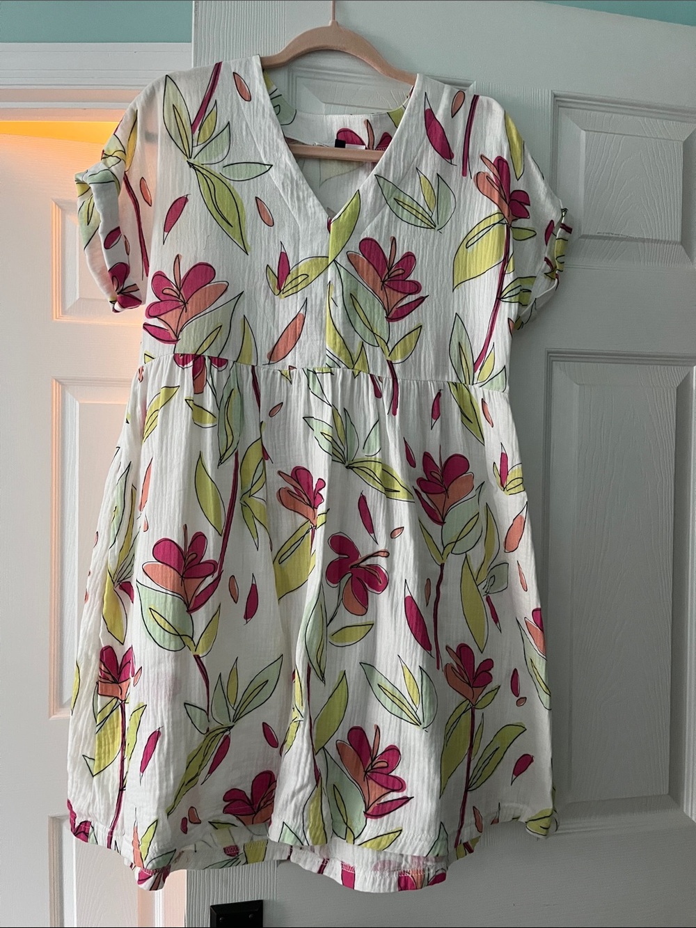 Women’s White Floral V-Neck Dress with Pink & Lime Print  100% Cotton
